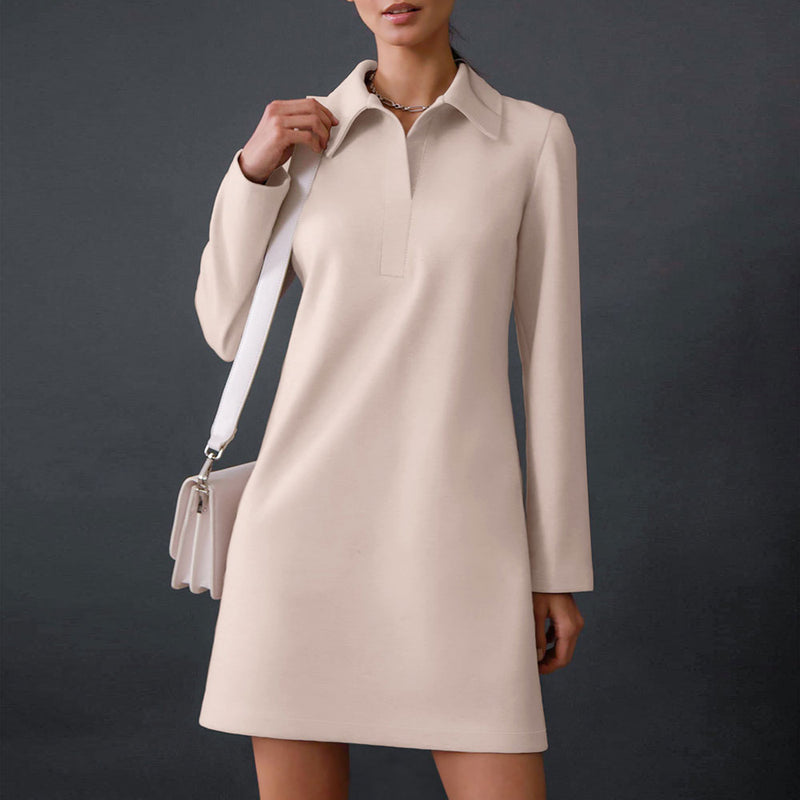 Minimalist Solid Color Long Sleeve Pointed Collar Mini Dress - Khaki