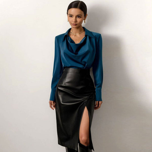 Minimalist Style High Waist Split Trim Vegan Leather Midi Skirt - Black