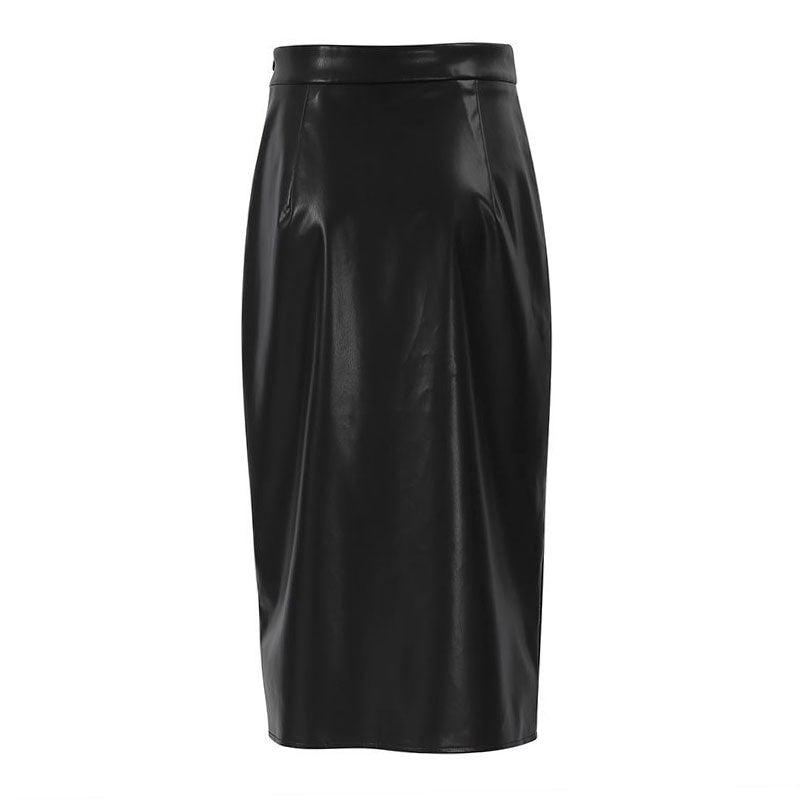 Minimalist Style High Waist Split Trim Vegan Leather Midi Skirt - Black