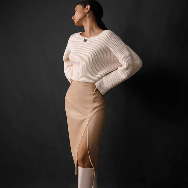 Minimalist Style High Waist Split Trim Vegan Leather Midi Skirt - Khaki