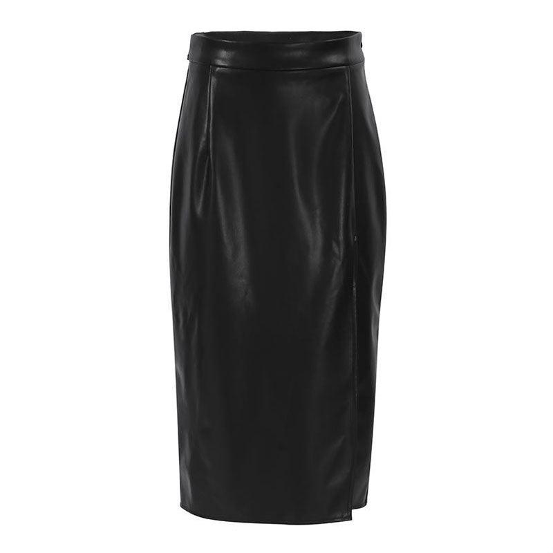 Minimalist Style High Waist Split Trim Vegan Leather Midi Skirt - Khaki