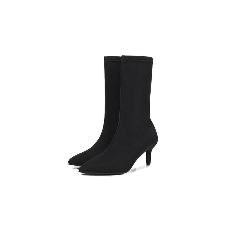 Minimalist Style Pointed Toe High Heel Sock Ankle Boots - Black