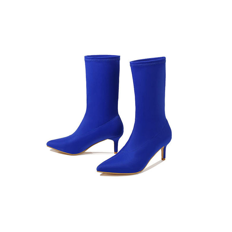 Minimalist Style Pointed Toe High Heel Sock Ankle Boots - Navy Blue