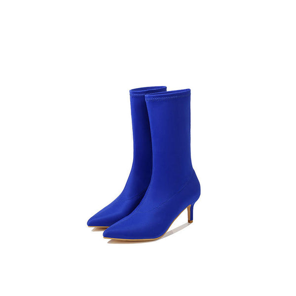 Minimalist Style Pointed Toe High Heel Sock Ankle Boots - Navy Blue