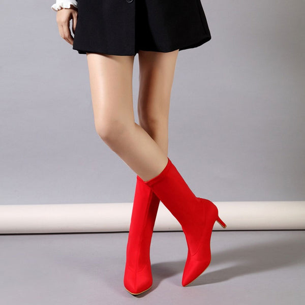 Minimalist Style Pointed Toe High Heel Sock Ankle Boots - Red