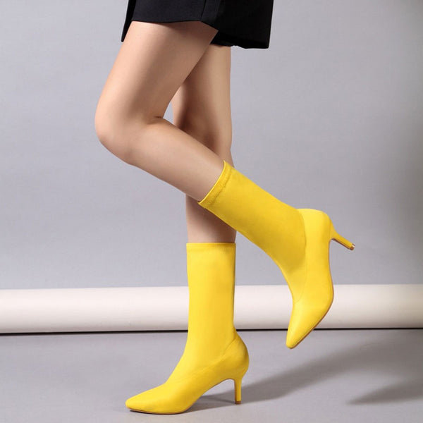 Minimalist Style Pointed Toe High Heel Sock Ankle Boots - Yellow