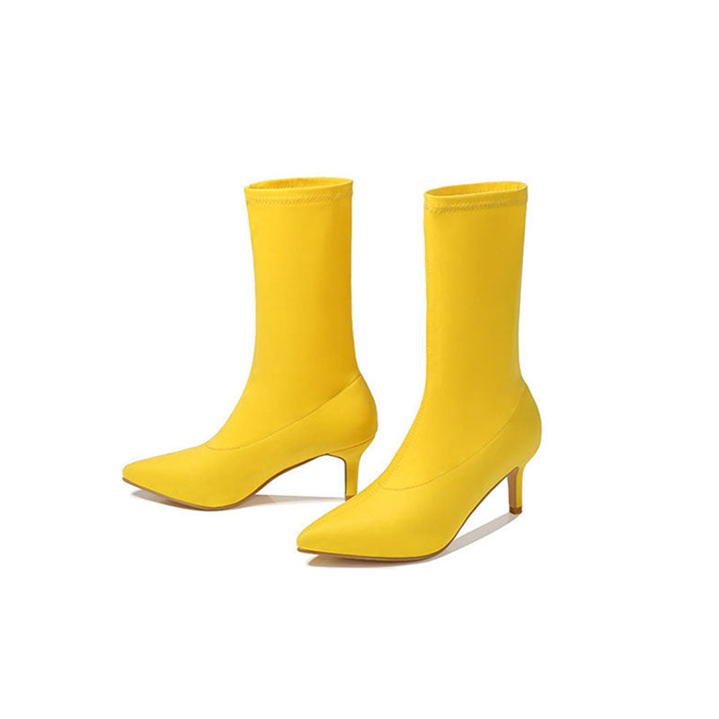 Minimalist Style Pointed Toe High Heel Sock Ankle Boots - Yellow