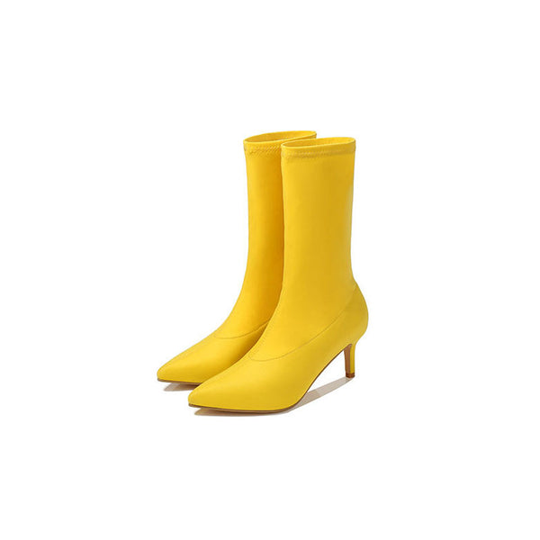 Minimalist Style Pointed Toe High Heel Sock Ankle Boots - Yellow