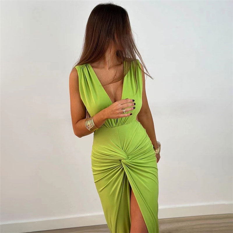 Minimalist Twist Trim Deep V Sleeveless Split Open Back Maxi Dress - Green