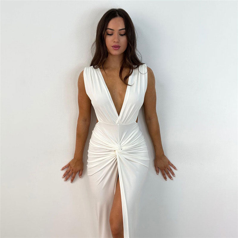 Minimalist Twist Trim Deep V Sleeveless Split Open Back Maxi Dress - White