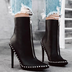 Modern Bead Trimmed Pointed Toe Zip Front Ankle Boots - Black