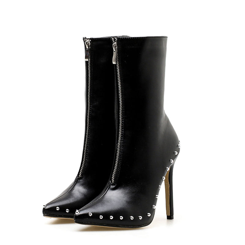 Modern Bead Trimmed Pointed Toe Zip Front Ankle Boots - Black