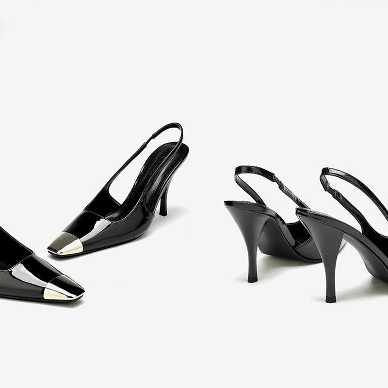 Modern Metal Square Toe Patent Slingback High Heel Pumps - Black