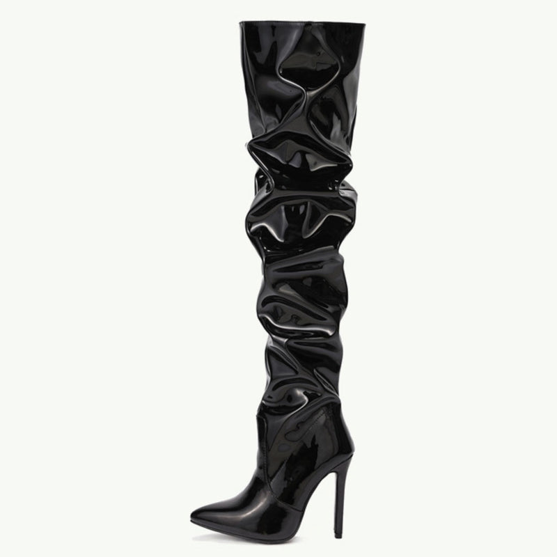 Amazon.com: Womens Thigh High Boots Sexy Black PU Leather Surgical Stretch  Over The Knee High Boots Round Toe Low Chunky Heel Stiletto : Clothing,  Shoes & Jewelry