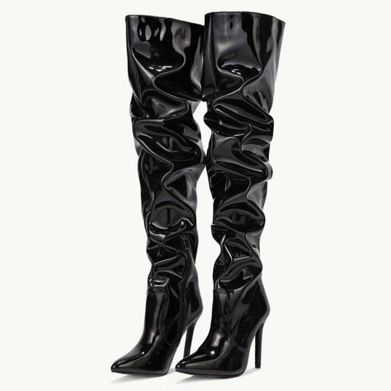 Modern Pointed Toe Stiletto Heel Leather Thigh High Boots - Black