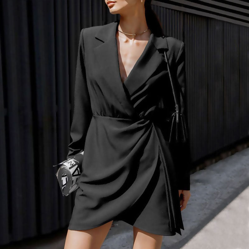Modern Ruched Shoulder Pad Lapel Collar V Neck Blazer Mini Dress - Black