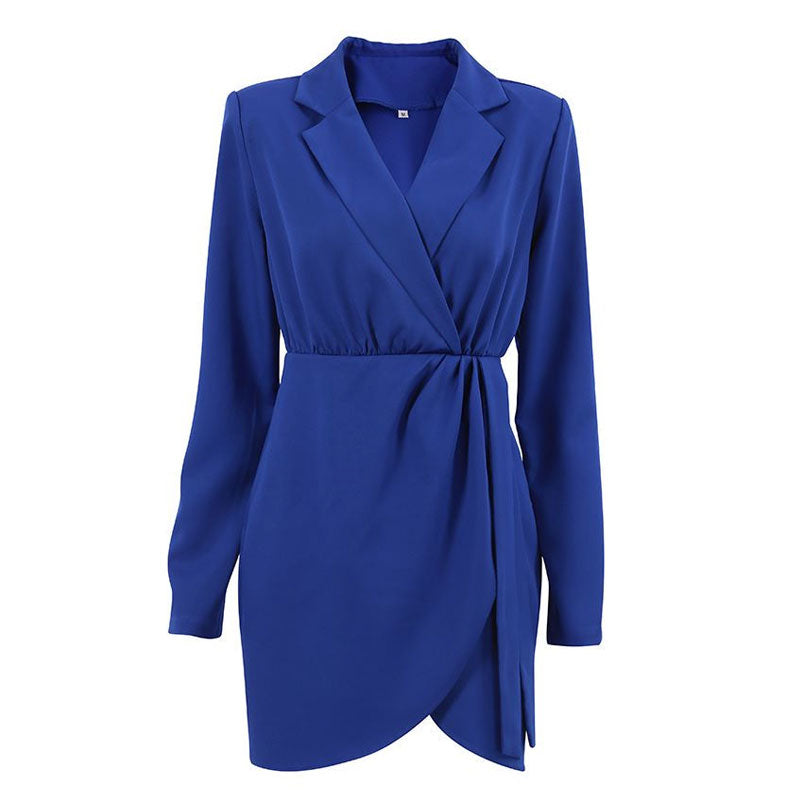 Modern Ruched Shoulder Pad Lapel Collar V Neck Blazer Mini Dress - Royal Blue