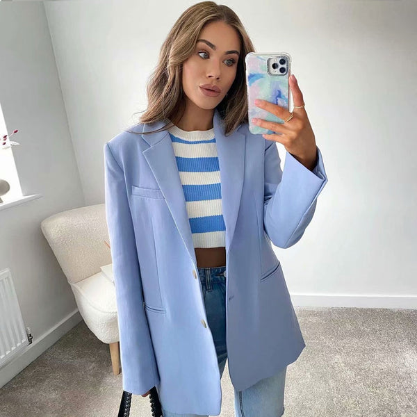 Modern Style Long Sleeve Pure Color Lapel Collar Blazer - Baby Blue