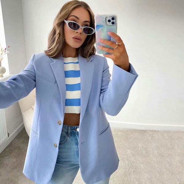 Modern Style Long Sleeve Pure Color Lapel Collar Blazer - Baby Blue