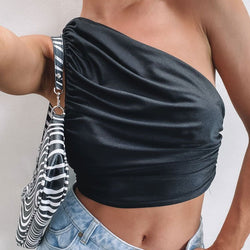 Modern Style Ruched Trim One Shoulder Cropped Tank Top - Black
