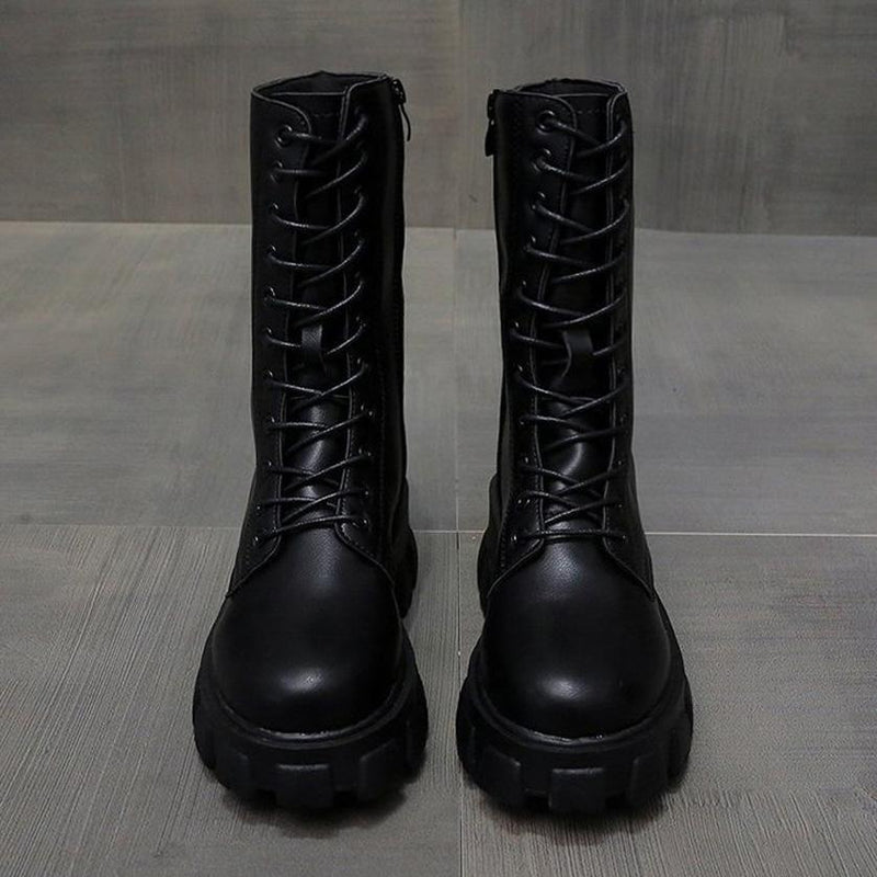 Modern Lace Up Zip Side Lug Sole Chunky Heel Mid Calf Boots - Black