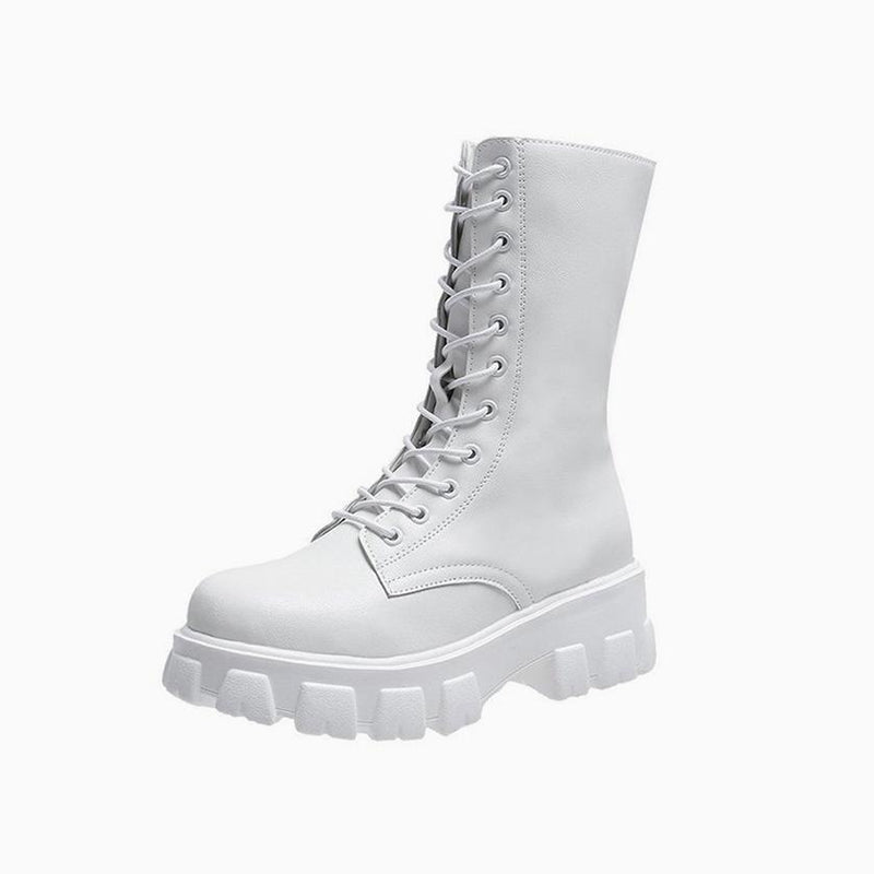 Modern Lace Up Zip Side Lug Sole Chunky Heel Mid Calf Boots - White