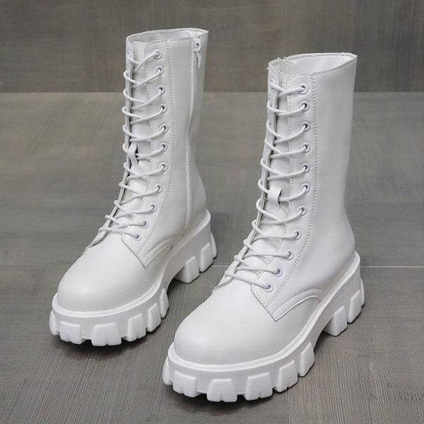 Modern Lace Up Zip Side Lug Sole Chunky Heel Mid Calf Boots - White