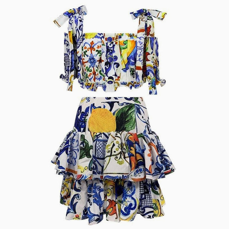 Multicolored Floral Printed Crop Top and Tiered Ruffle Skirt Matching Set