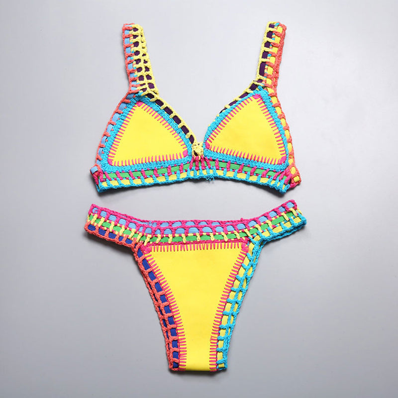 Trendy Reversible Neoprene Crochet Banded Triangle Bikini Set - Yellow