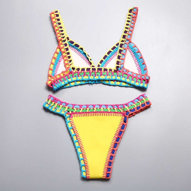 Trendy Reversible Neoprene Crochet Banded Triangle Bikini Set - Yellow