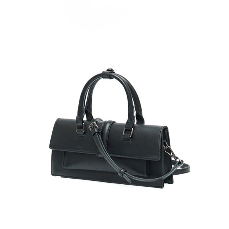 Office Style Faux Leather Top Handle Crossbody Baguette Bag - Black