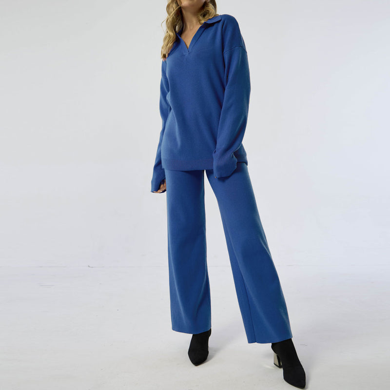 Oversized Collared Long Sleeve Sweater Wide Leg Pants Matching Set - Royal Blue
