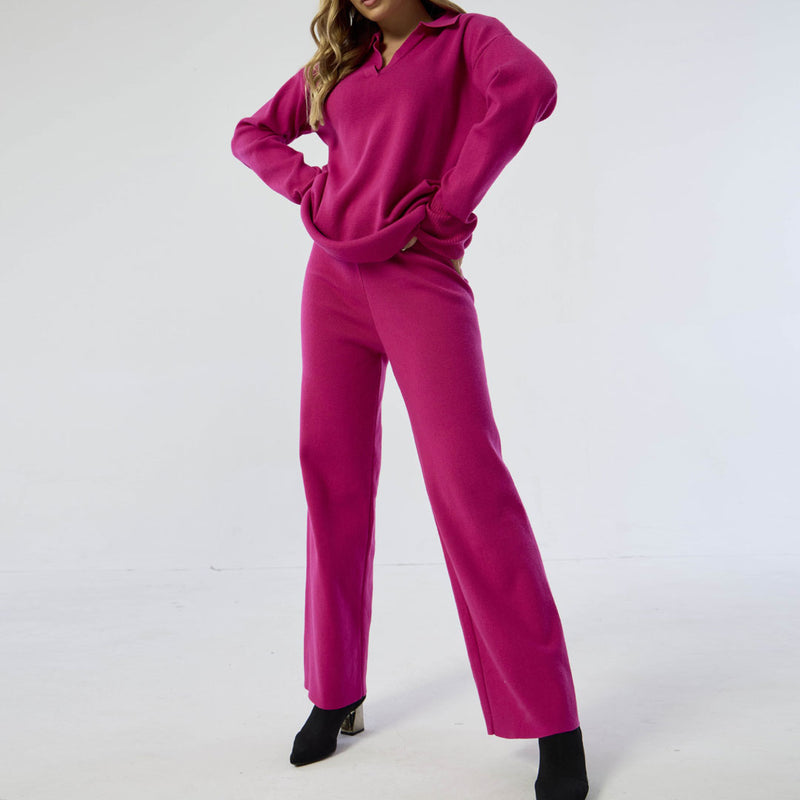 Oversized Collared Long Sleeve Sweater Wide Leg Pants Matching Set - Hot Pink