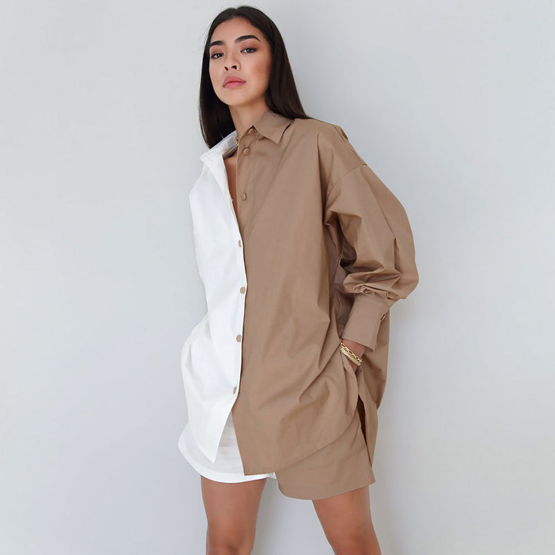 Oversized Color Block Button Down Pocketed Shorts Matching Set - Khaki