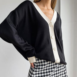 Oversized Contrast Color Rib Knit Button Up Long Sleeve Cardigan - Black