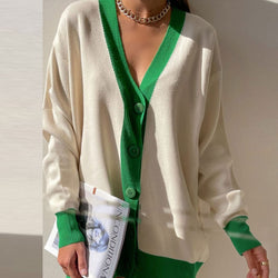 Oversized Contrast Color Rib Knit Button Up Long Sleeve Cardigan - Beige