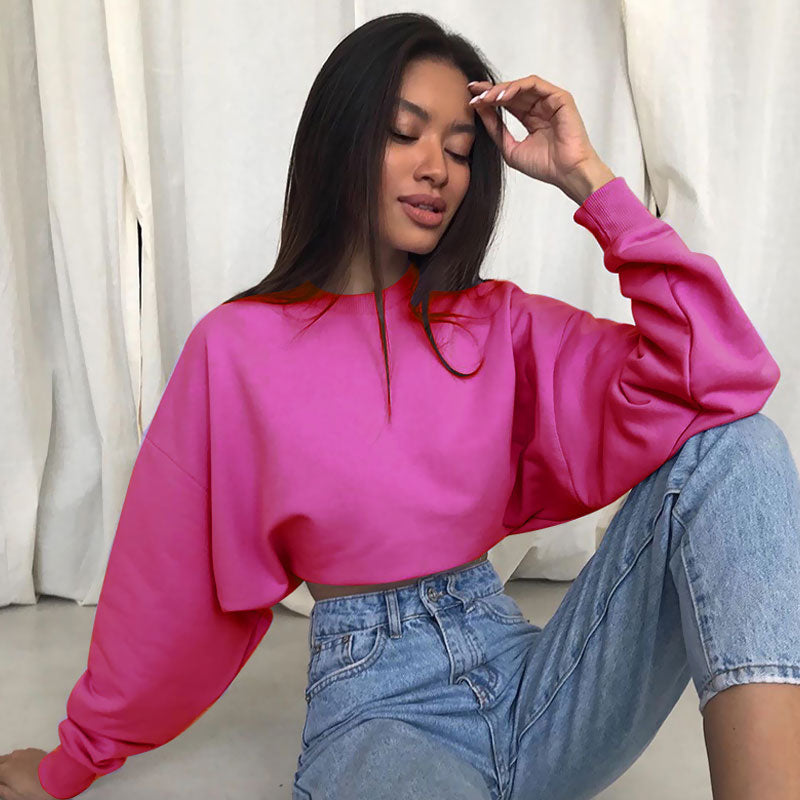 Oversized Drop Shoulder Long Sleeve Mock Neck Cropped Sweatshirt