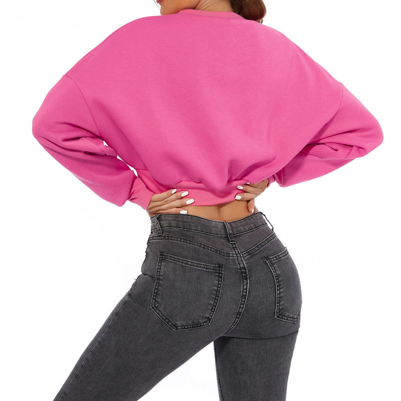 Oversized Drop Shoulder Long Sleeve Mock Neck Cropped Sweatshirt - Hot Pink