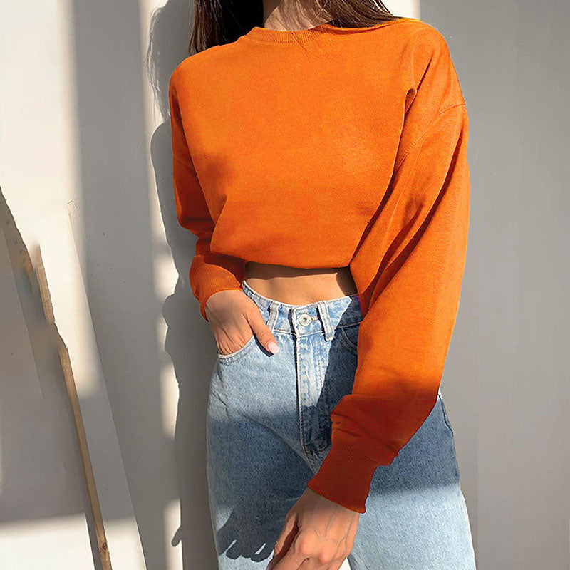 Oversized Drop Shoulder Long Sleeve Mock Neck Cropped Sweatshirt - Orange