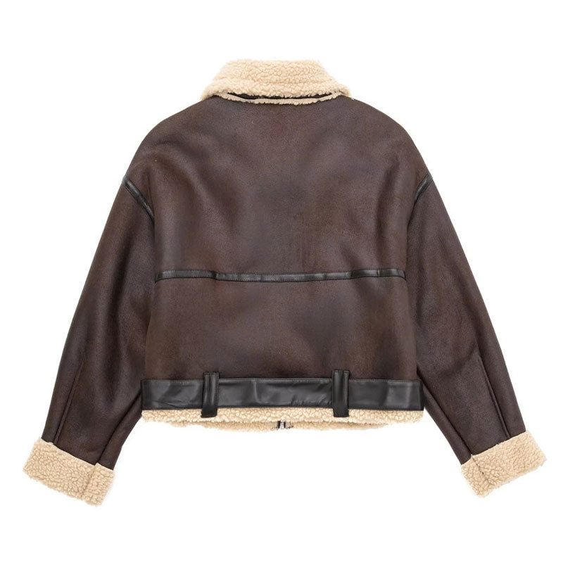 Oversized Fleeced Buckle Trim Faux Leather Cropped Coat - Brown