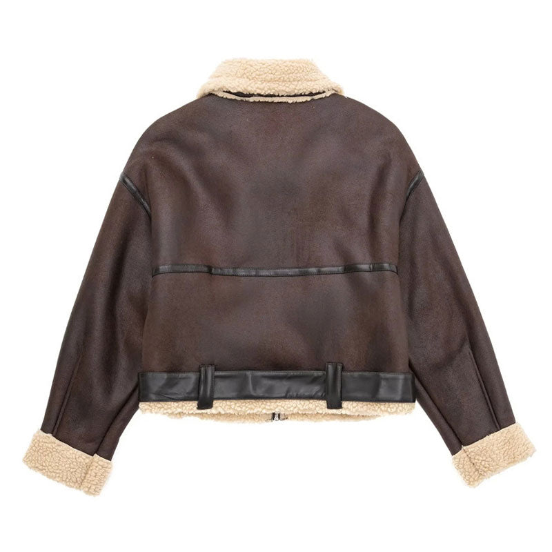 Oversized Fleeced Buckle Trim Faux Leather Cropped Coat - Brown