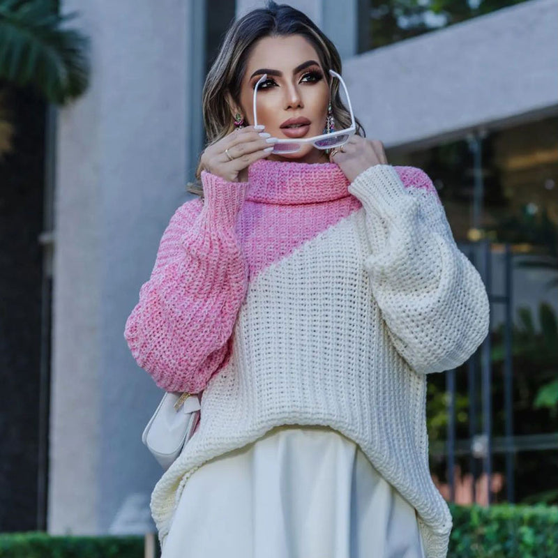 Oversized Knitted Color Block Turtleneck Drop Shoulder Long Sleeve Sweater - Pink
