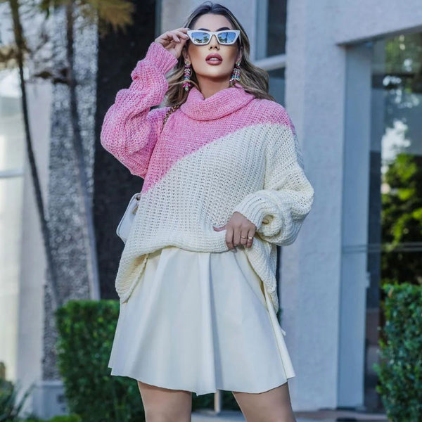 Oversized Knitted Color Block Turtleneck Drop Shoulder Long Sleeve Sweater - Pink