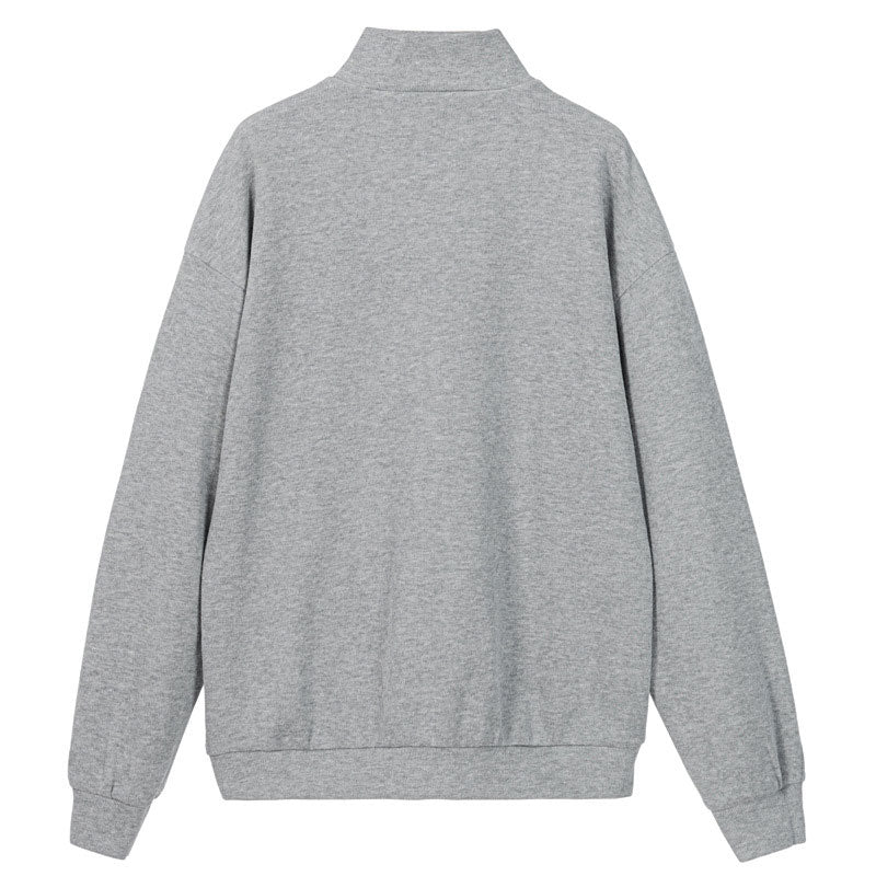 Oversized Letter Embroidery Drop Shoulder Half Zip Collared Sweatshirt - Gray