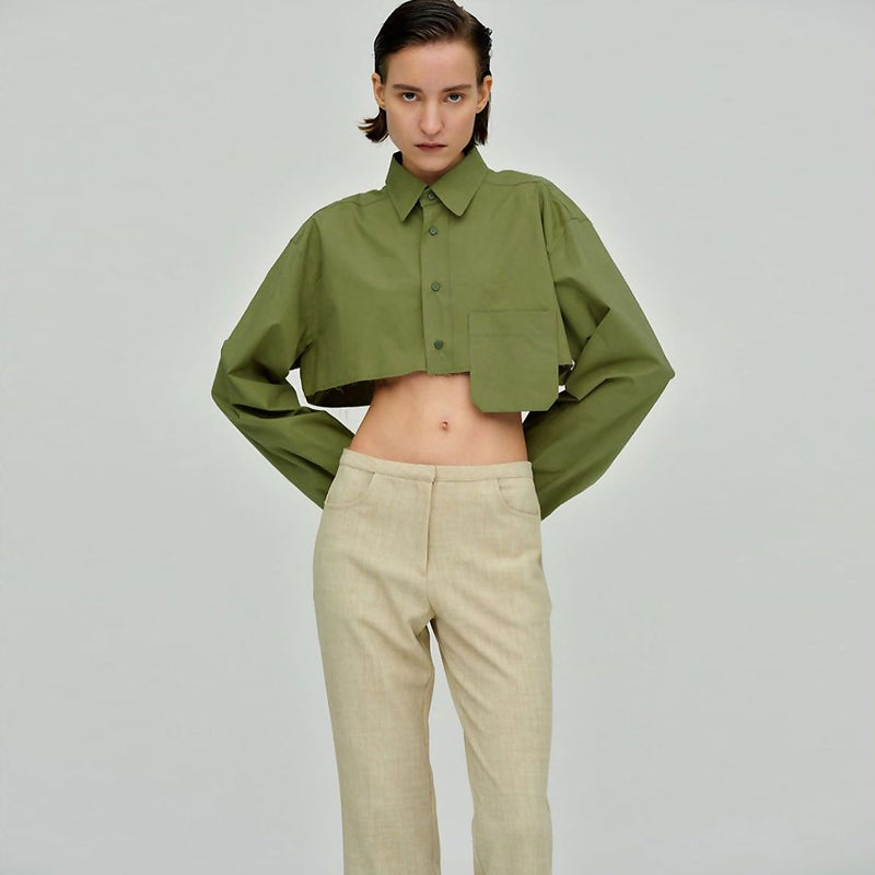 Oversized Long Sleeve Button Down Pointed Collar Cropped Shirt - Green