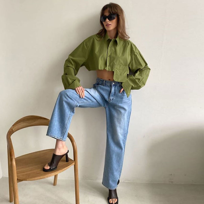Oversized Long Sleeve Button Down Pointed Collar Cropped Shirt - Green