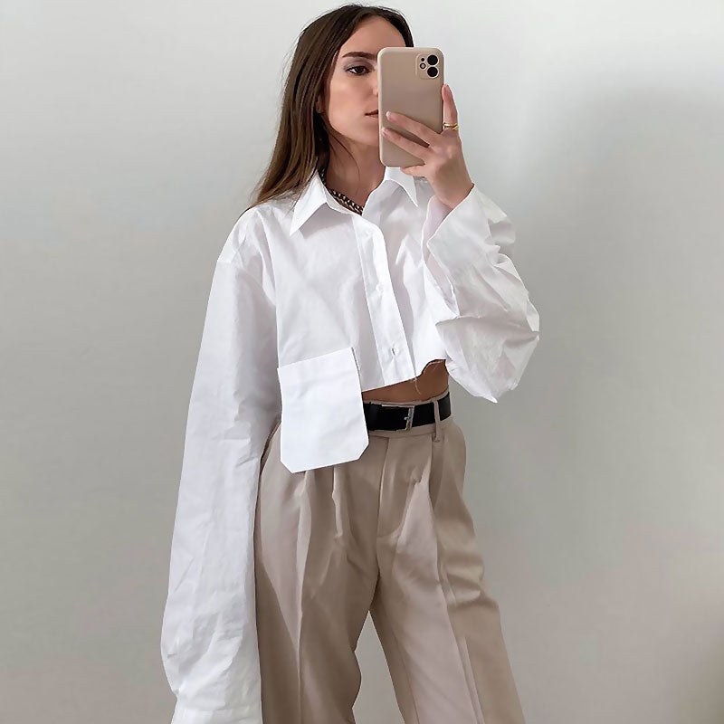 Oversized Long Sleeve Button Down Pointed Collar Cropped Shirt - White