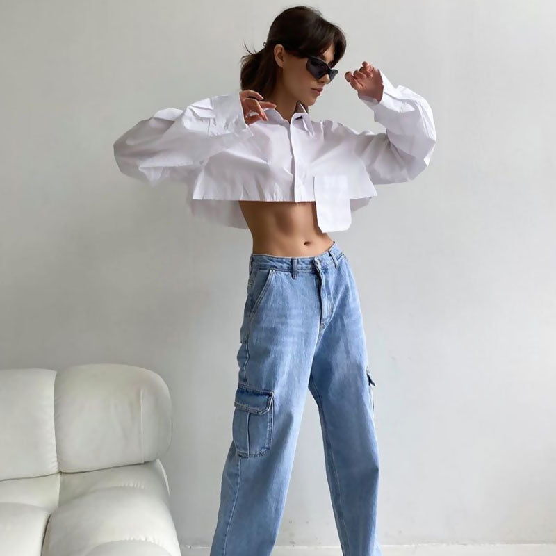 Oversized Long Sleeve Button Down Pointed Collar Cropped Shirt - White