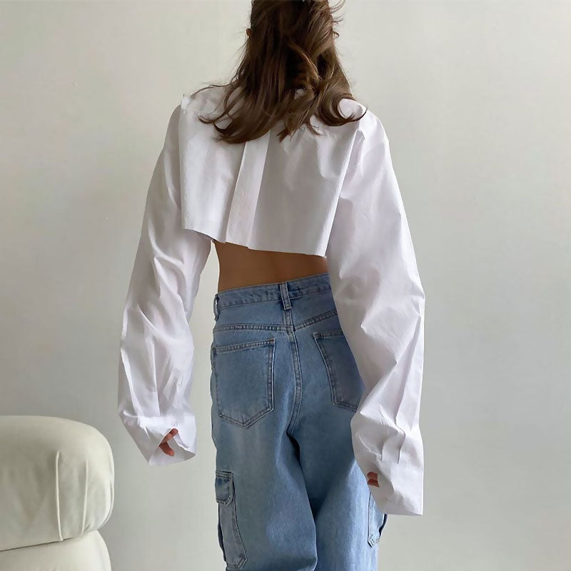 Oversized Long Sleeve Button Down Pointed Collar Cropped Shirt - White