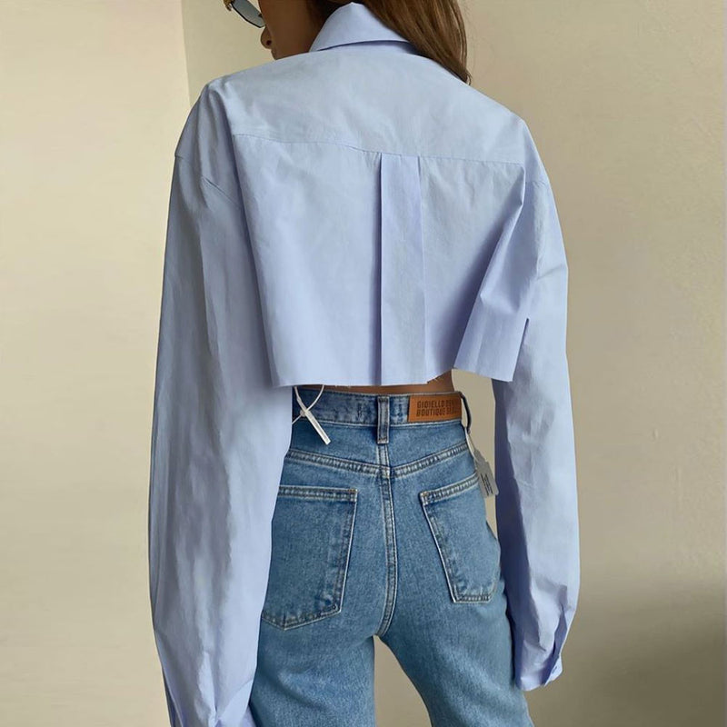 Oversized Long Sleeve Button Down Pointed Collar Cropped Shirt - Baby Blue